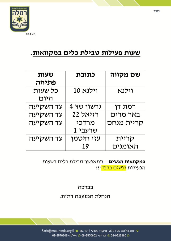 10.1.26 שעות פעילות טבילת כלים במקוואות. שם מקווה כתובת שעות פתיחה וילנא וילנא 10 כל שעות היום רמת דן גרשון שץ 4 עד השקיעה באר מרים רזיאל 22 עד השקיעה קריית מנחם מרדכי שרעבי 1 עד השקיעה קריית האומנים עזי חיטמן 19 עד השקיעה במקוואות הנשים – תתאפשר טבילת כלים בשעות הפעילות לנשים בלבד!! ! בברכה הנהלת המועצה דתית.